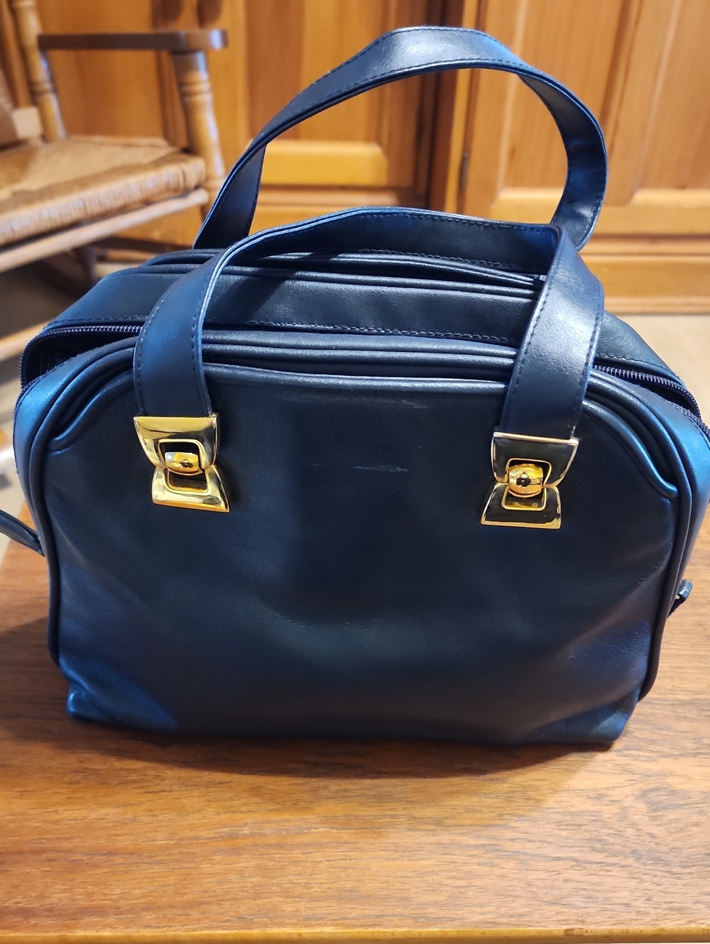 Classic Colletta Navy Leather Handbag with Gold Hardware
